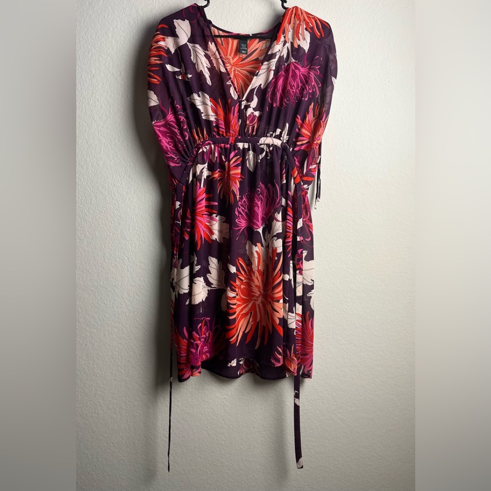 H&M PURPLE SHEER TROPICAL PRINT SHORT SLEEVE COVERUP / DRESS SIZE 12 PREOWNED